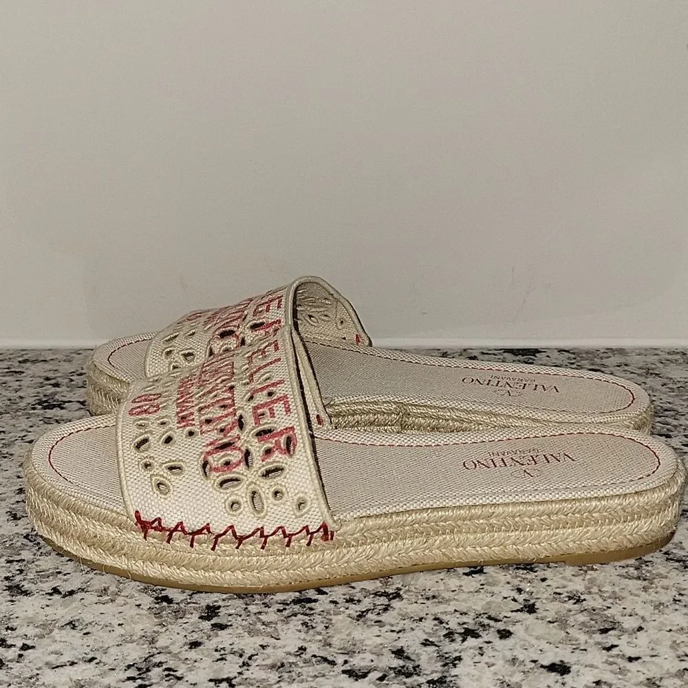 VALENTINO GARAVANI Atelier Eyelet Flat Espadrille Slide Sandals Natural 37.5